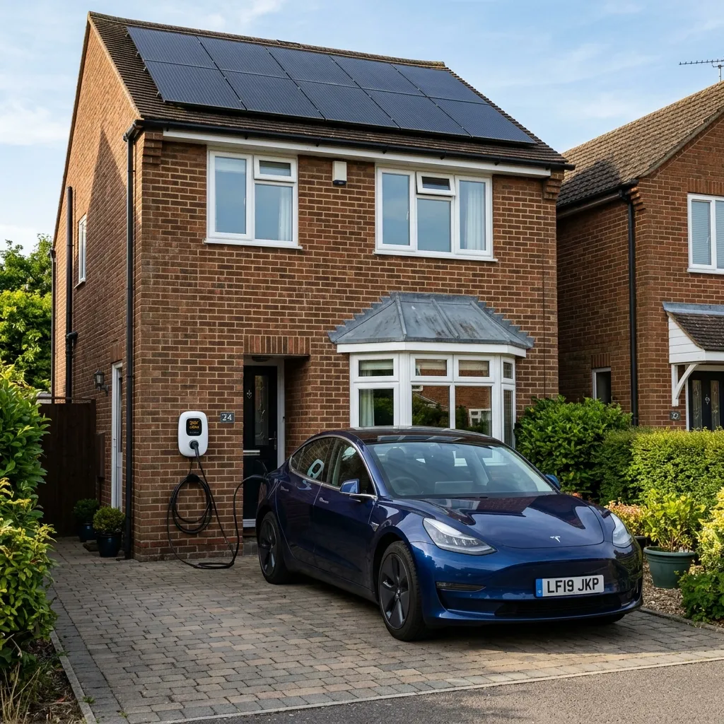 EV charger mounted on the wall of a British home with solar panels visible on the roof, photographed on a bright sunny day
