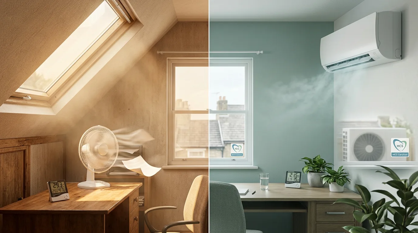 Split-scene showing UK air conditioning grants funding a wall-mounted air-to-air heat pump indoor unit beside a warm sunlit loft with an ineffective desk fan and an MCS-certified outdoor condenser visible through the window
