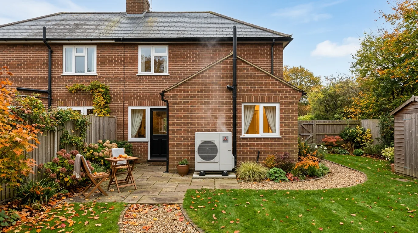 An air source heat pump outdoor unit installed beside a UK semi-detached house with an installer reviewing a Boiler Upgrade Scheme quote
