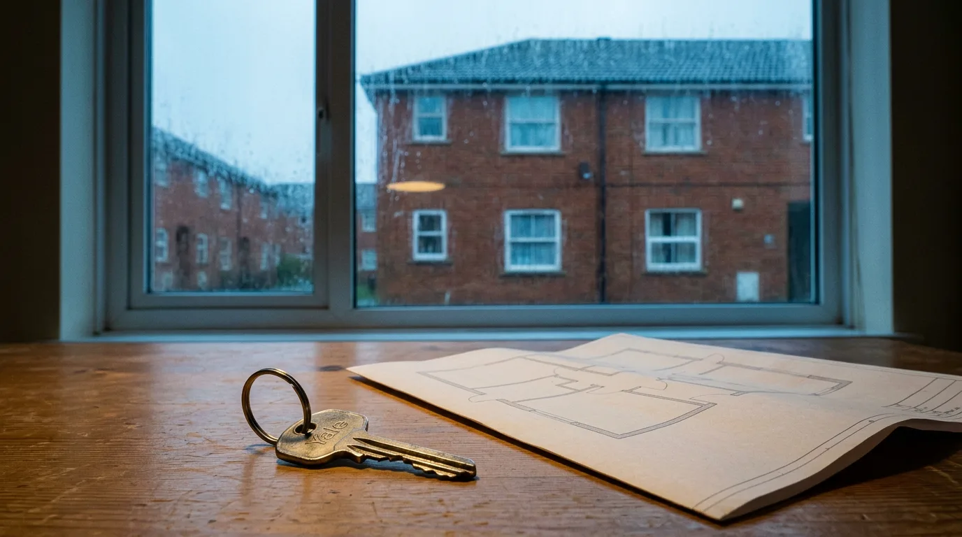 Air source heat pump installation leasehold flat dilemma: a flat owner's keys beside a lease plan, facing a shared brick facade with an empty proposed unit position