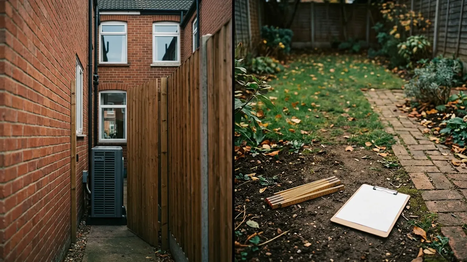 Air source heat pump installation outdoor unit location illustrated by an obstructed side passage beside an open garden survey area