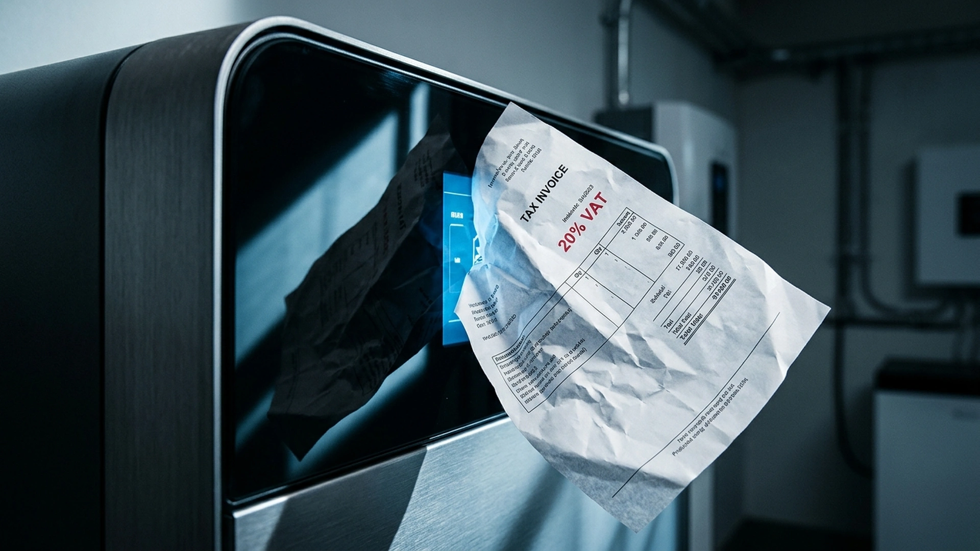 A crumpled 20% VAT invoice pressed against an illuminated home battery, illustrating the battery storage vat exemption 2027 deadline