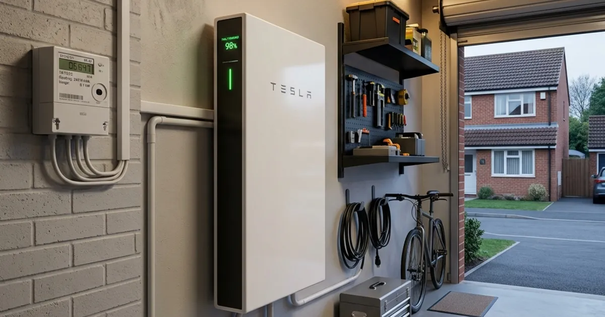 Modern home battery storage unit mounted on a garage wall in a UK semi-detached home, with a smart electricity meter showing off-peak overnight charging rate