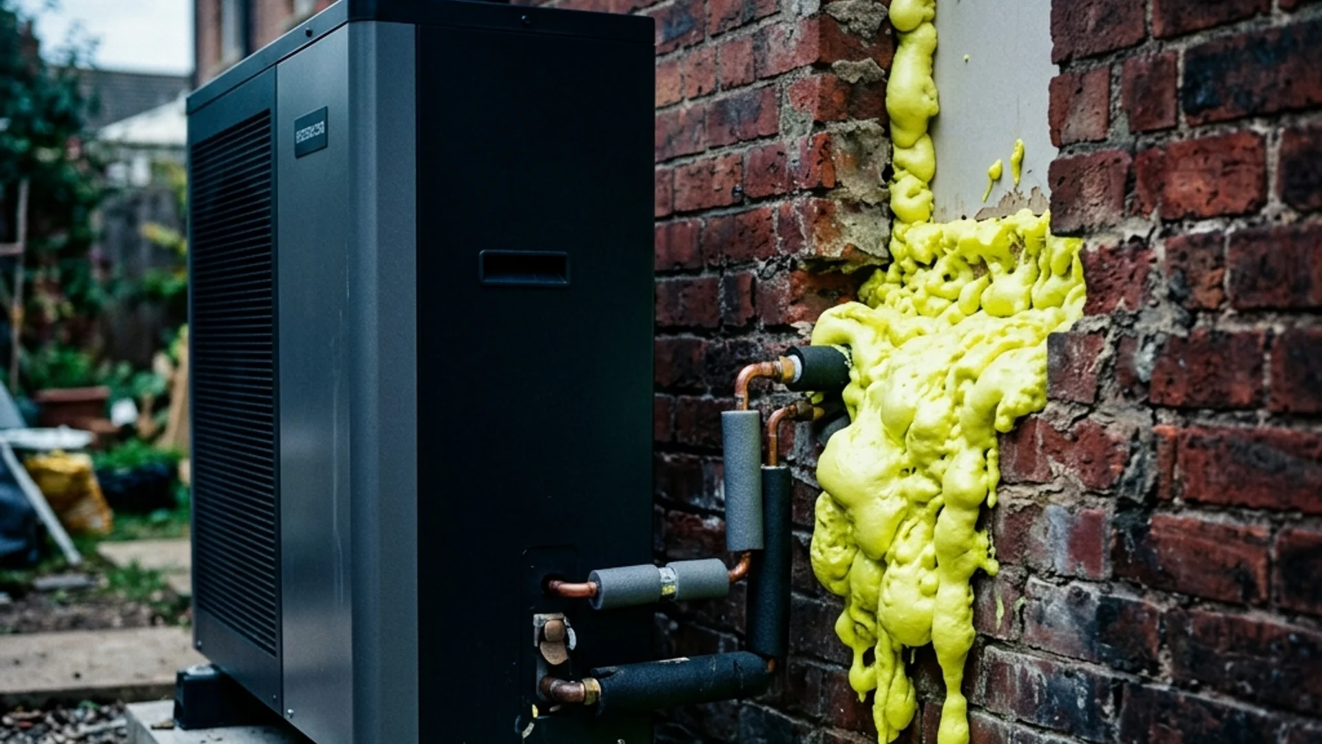 A sleek matte-black modern air source heat pump against raw crumbling Victorian red brickwork juxtaposed with expanding neon yellow insulation foam, illustrating boiler upgrade scheme EPC requirements