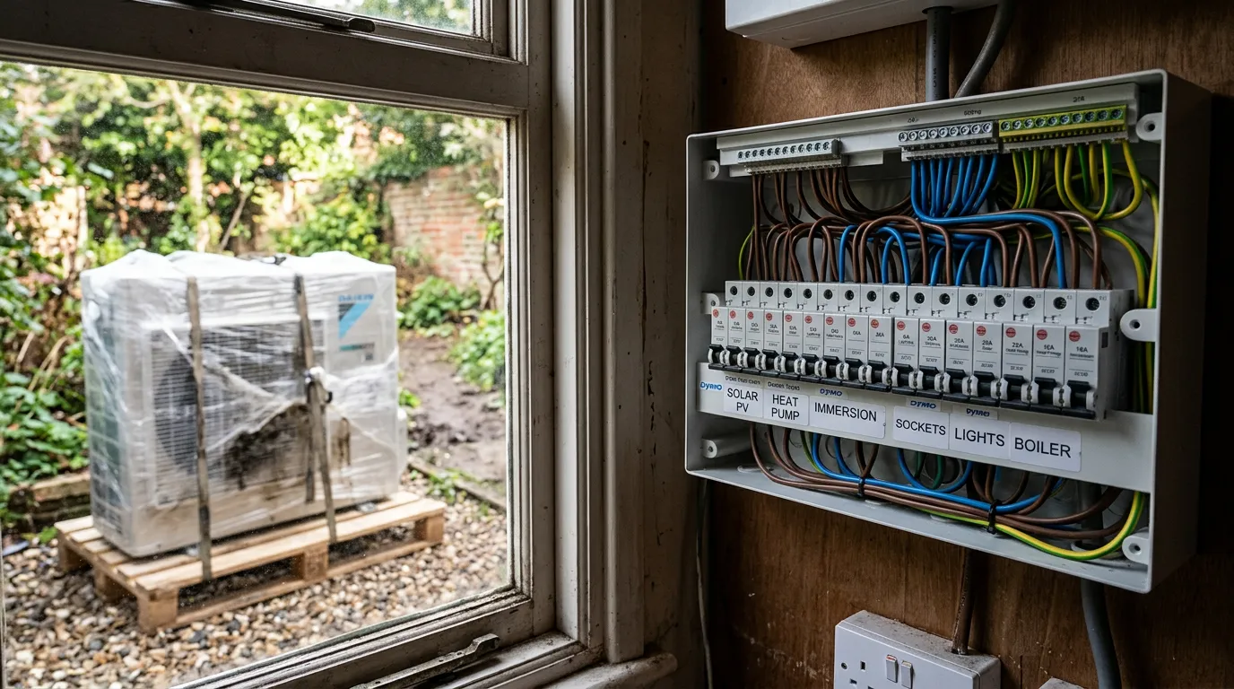 Combined solar and heat pump installation myth of a shrink-wrapped heat pump sitting idle in the garden of a solar-panelled house, against the reality of a labelled consumer unit with dedicated solar and heat pump circuits