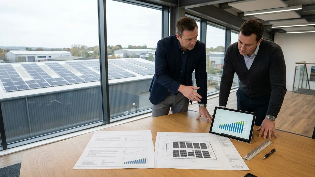 UK business team comparing commercial solar panels installations quotes and roof layout plans