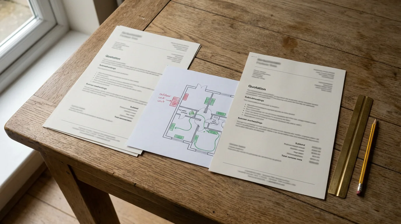 Heat pump installation quotes comparison: two proposal pages beside a home heating plan with different scope markings