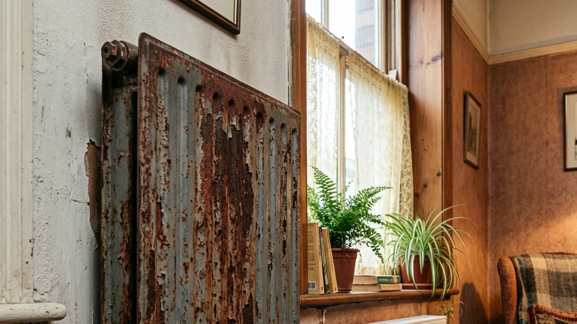 A massive rusted single-panel steel radiator dominating a cramped wall contrasted against a sleek compact triple-panel Type 33 radiator under a window, showing do I need bigger radiators for a heat pump