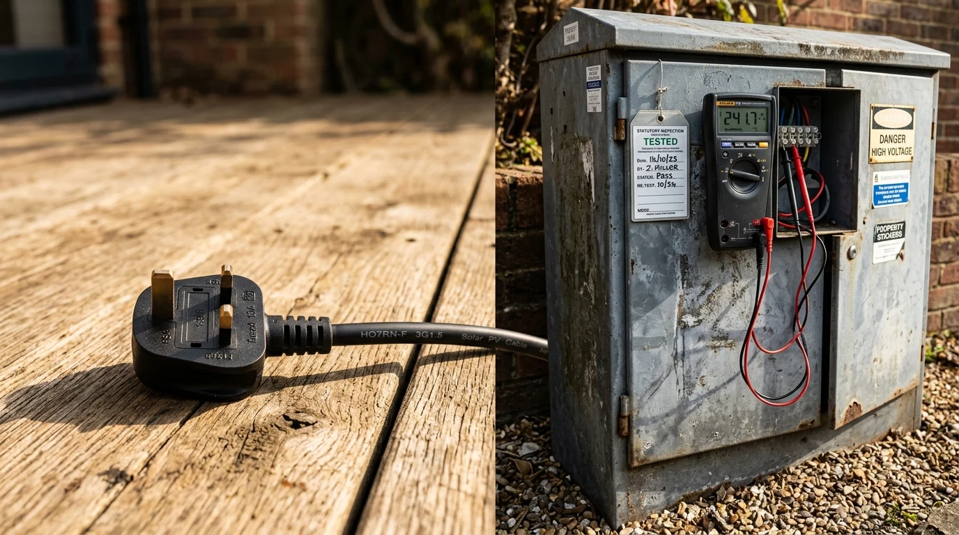 do I need to tell my DNO about plug in solar diagram showing a patio plug-in solar lead beside a distribution feeder voltage meter reading 254V and a DNO inspection notice