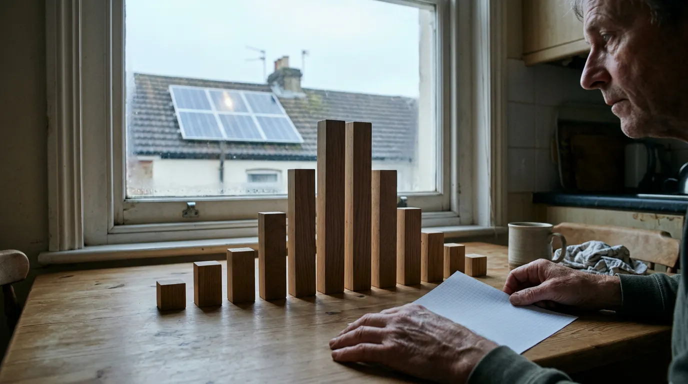 Do solar panels work in winter: twelve uneven wooden blocks representing seasonal output against a cloudy UK winter window