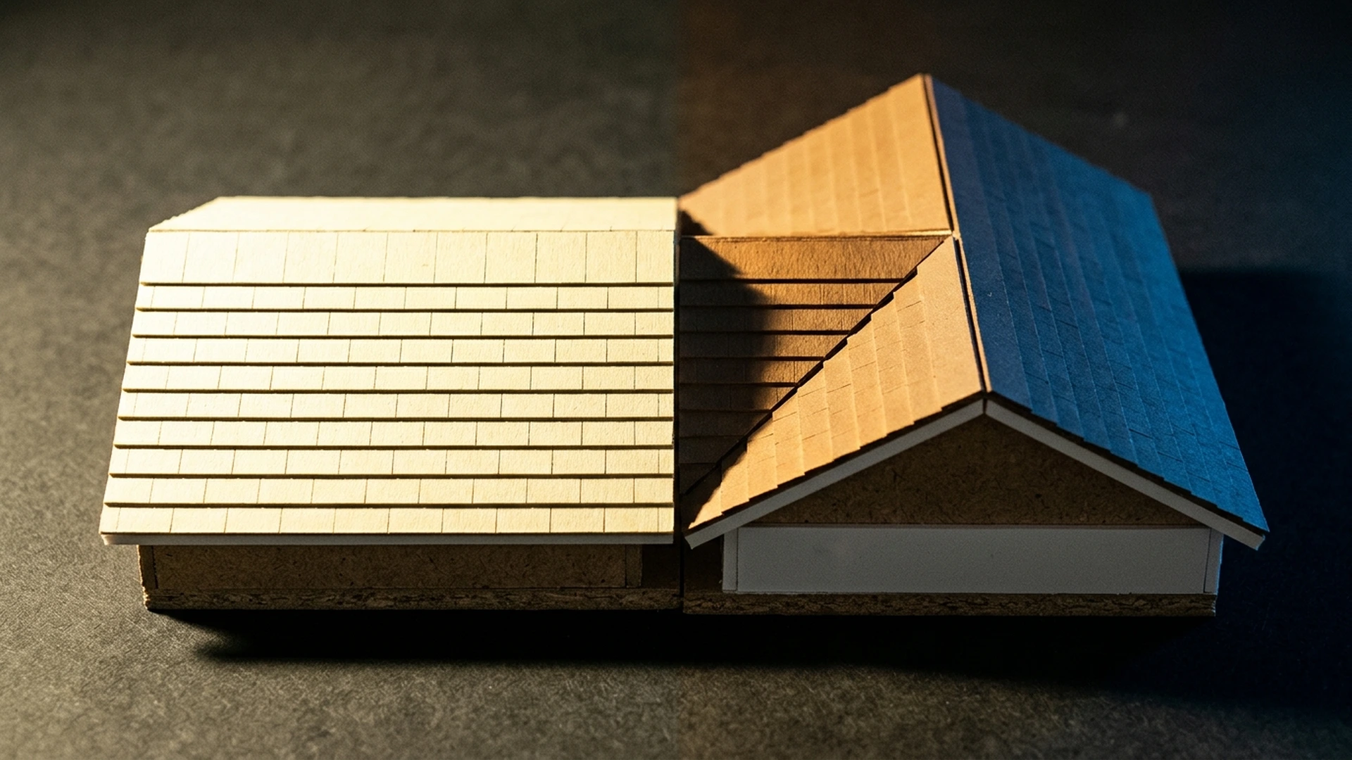 A sterile scale model of a south-facing roof baking under harsh midday white light positioned against an east-west split roof bathed in warm golden hour amber and deep twilight blue, illustrating east west solar panels UK generation curve comparison
