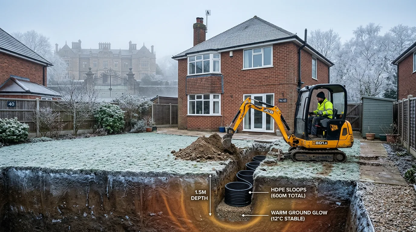 Ground source heat pump cost UK myth of a rural country estate against the reality of a mini-excavator burying a slinky loop in a normal suburban garden with a warm ground cross-section