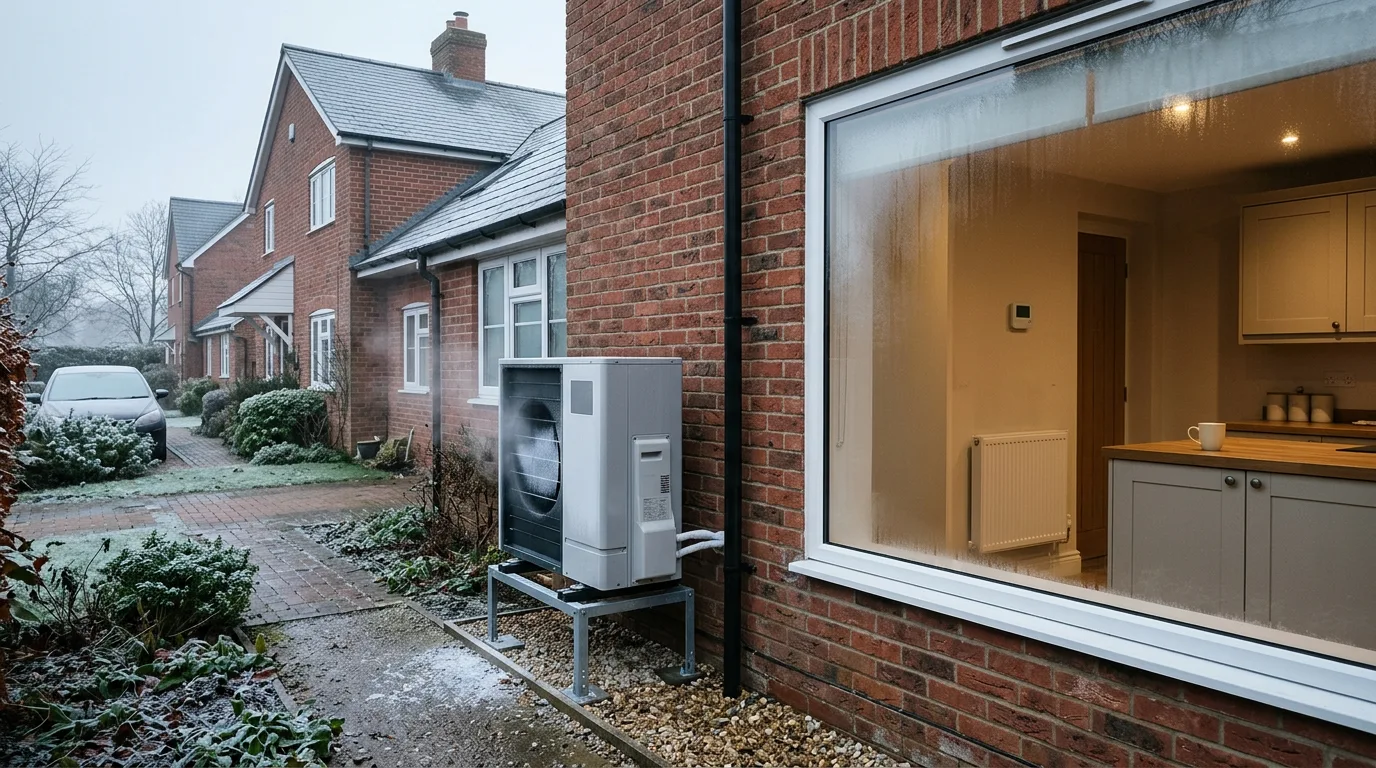 Defrost cycle on a heat pump: outdoor unit releasing white water vapour beside a warm British home