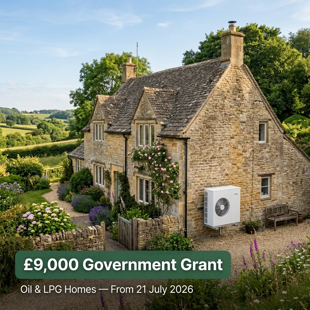 Air source heat pump unit installed beside a traditional British rural property with a government grant announcement overlay showing £9,000
