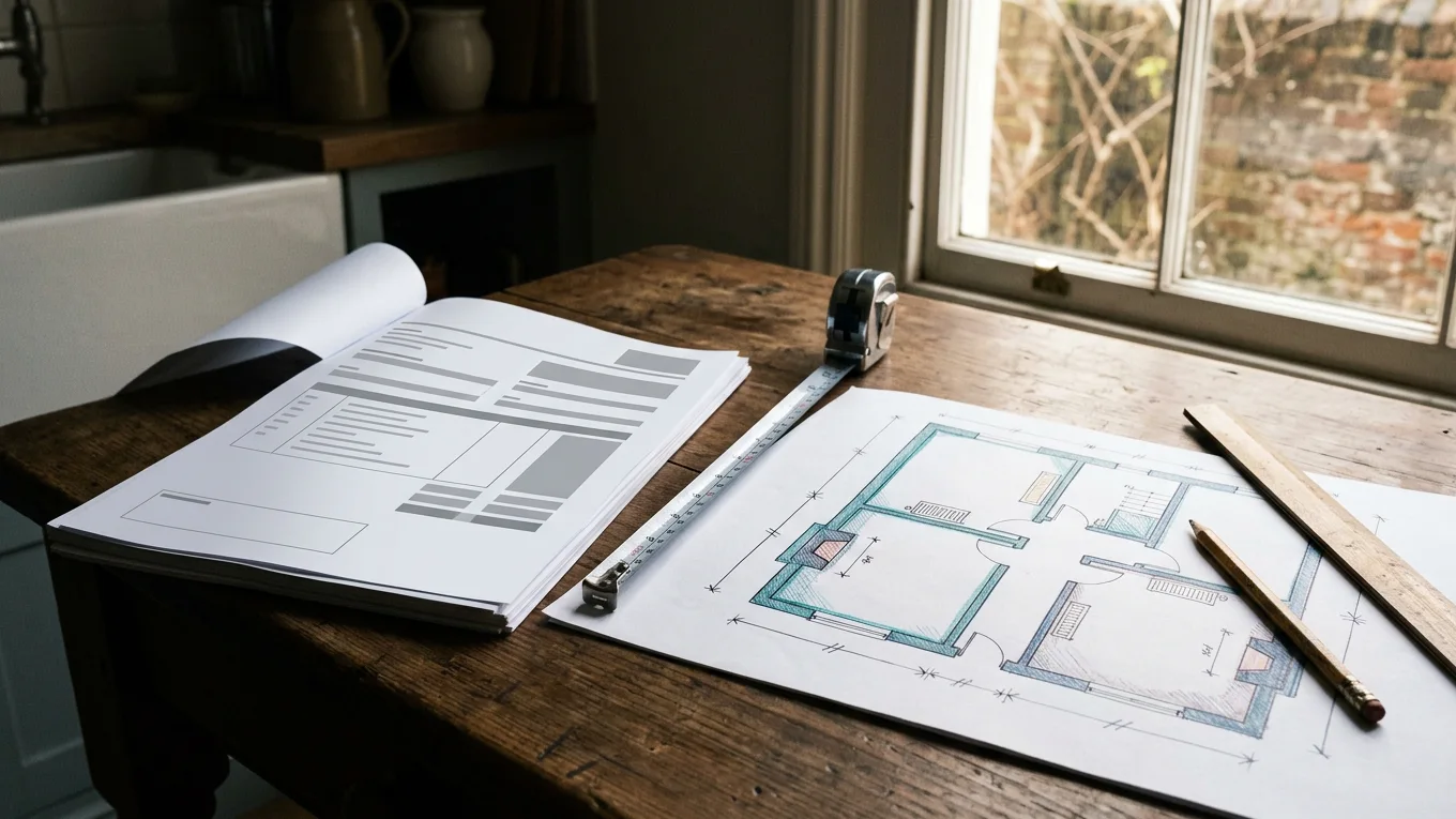 Heat pump installation heat loss survey illustrated by an unmeasured equipment estimate beside a carefully annotated room-by-room floor plan and measuring tape