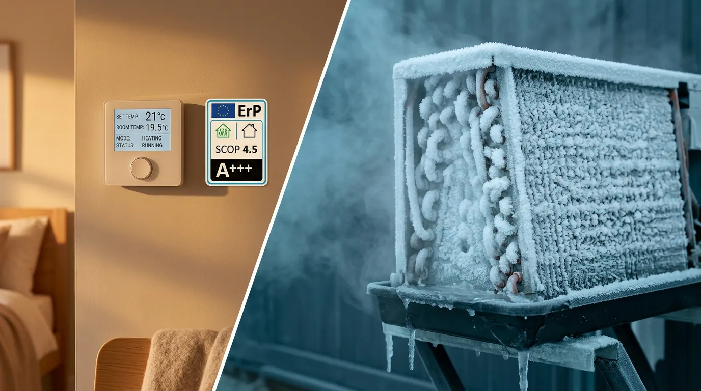 Heat pump SCOP winter running cost myth shown as a golden autumn ErP label reading SCOP 4.5 beside the same heat pump's evaporator coil coated in frost during a freezing UK cold snap