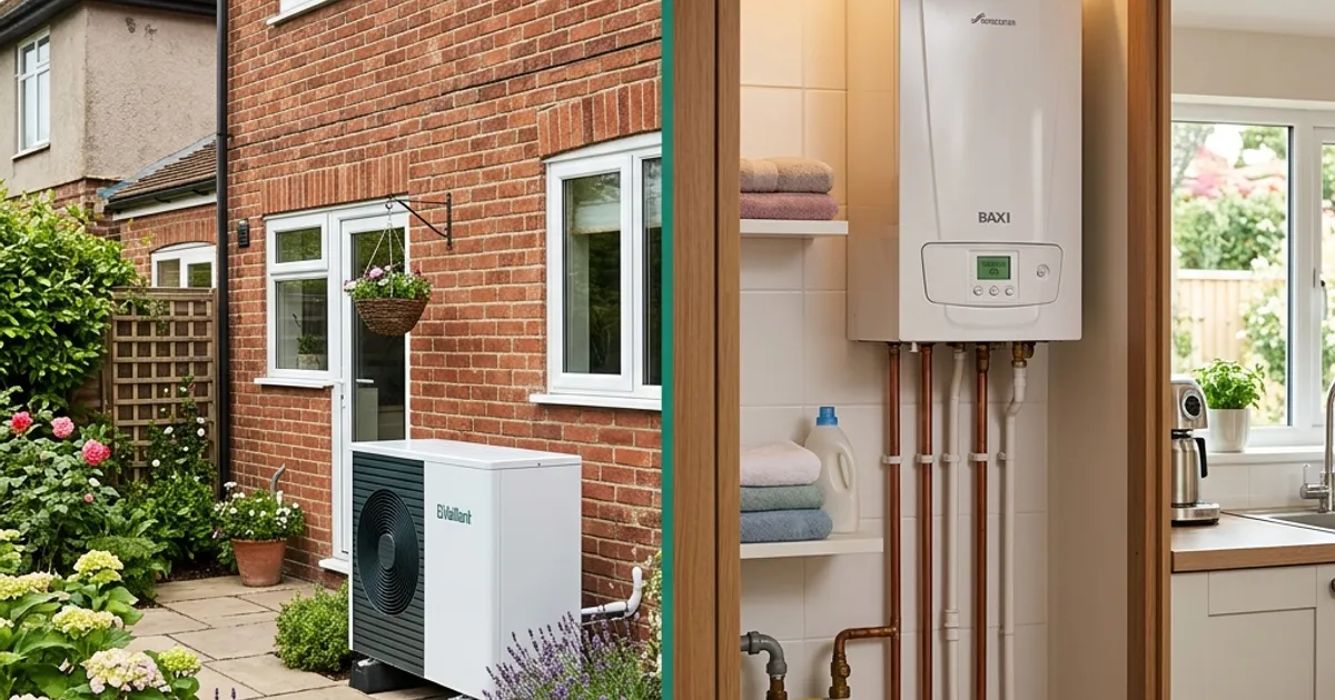 Side-by-side comparison of an air source heat pump outdoor unit installed beside a UK brick semi-detached house and a modern condensing gas boiler in a kitchen utility cupboard