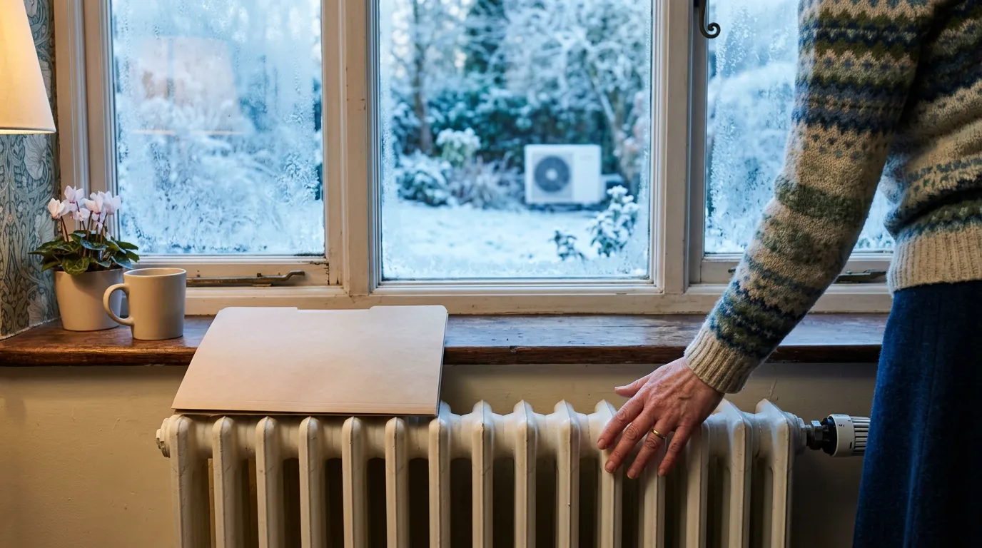 Heat pump warranty aftercare: a blank warranty folder beside a cold radiator on a frosty UK morning
