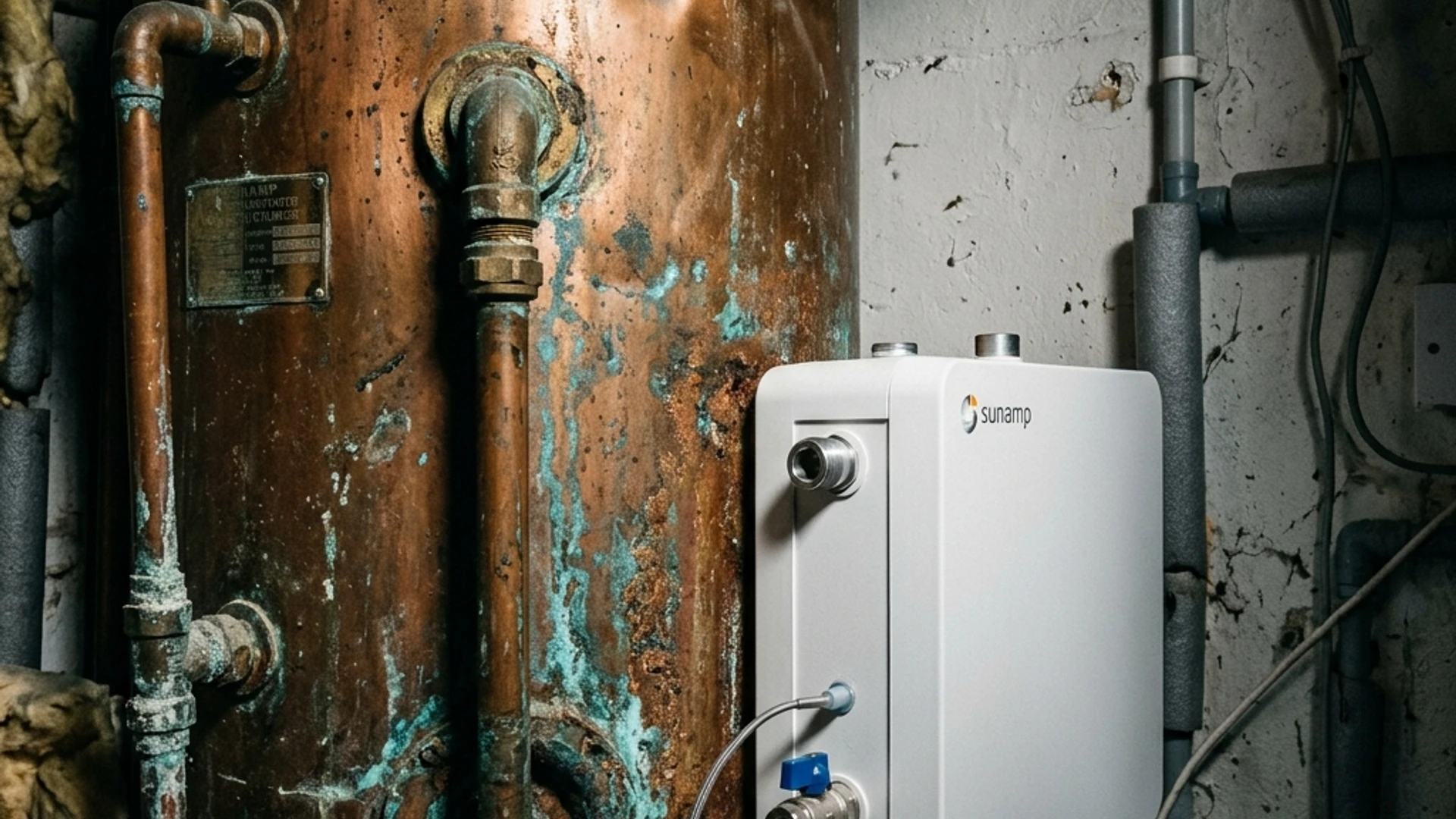 A colossal tarnished copper unvented hot water cylinder positioned against a pristine compact white Sunamp heat battery the size of a microwave, showing a heat pump without hot water cylinder installation