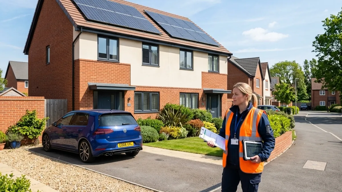 Energy assessor using a tablet to review a home energy model report beside solar panels on a UK house roof