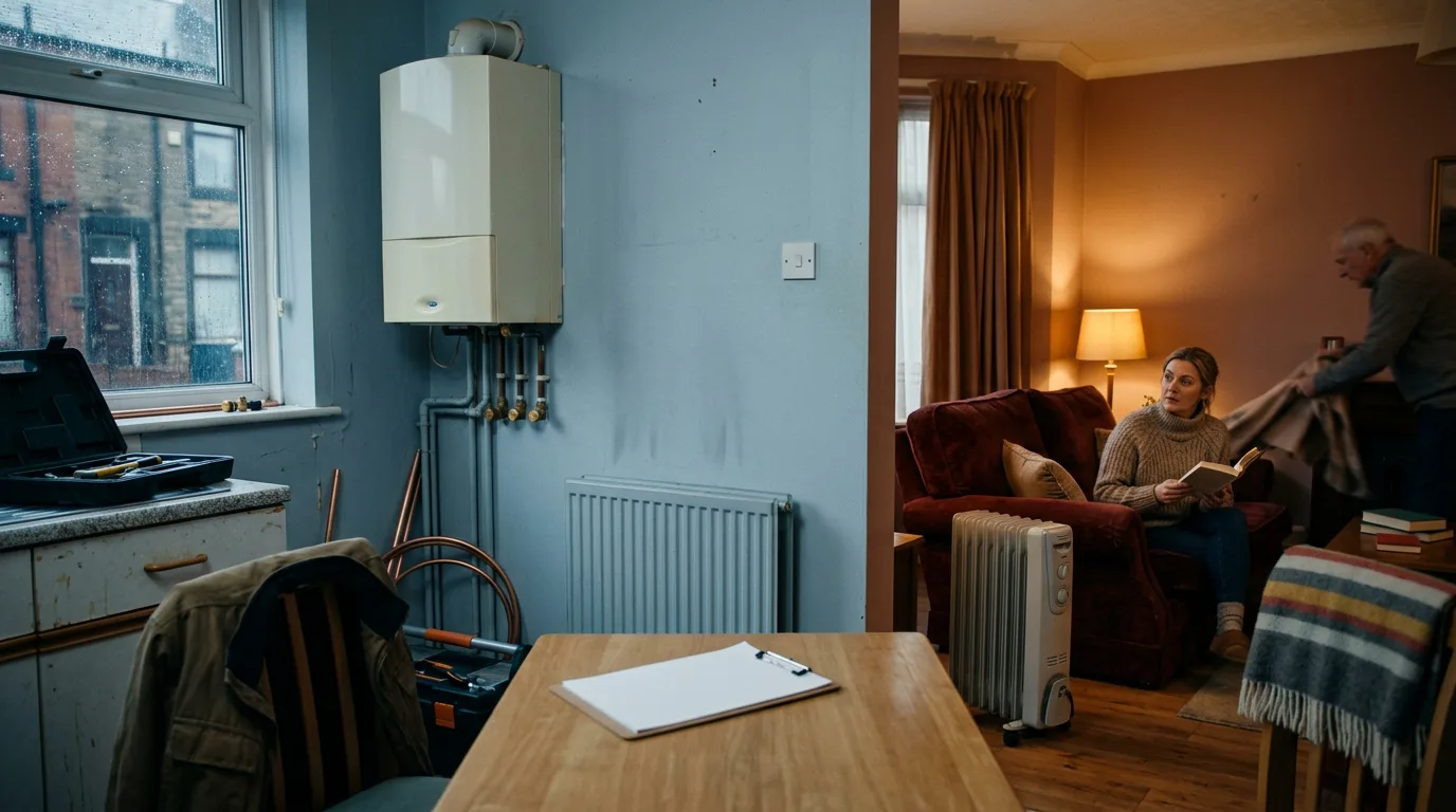Install heat pump without losing heating: old boiler and cold radiator beside a warm room with an agreed work schedule
