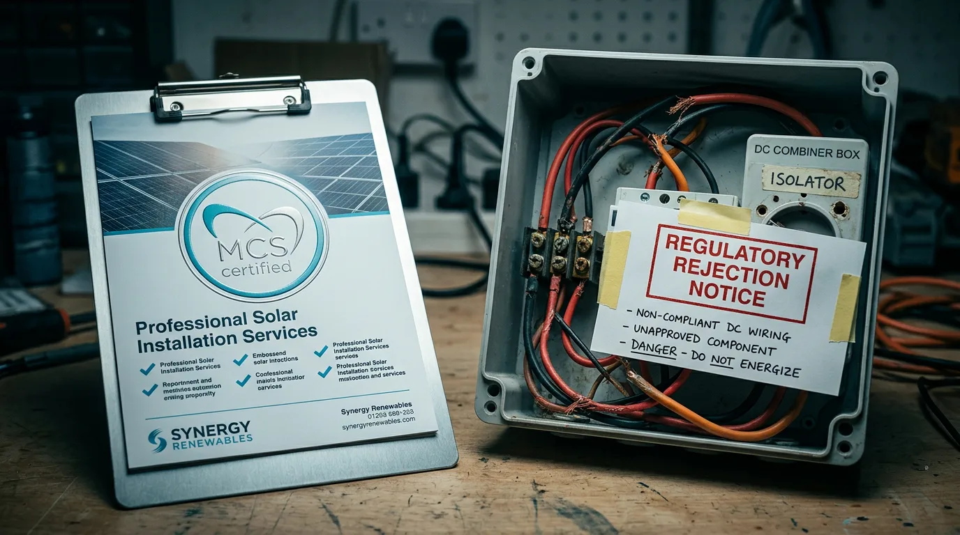 Certificate showing an MCS accredited installers logo beside an open electrical enclosure with an uncertified battery isolator and a failed compliance notice