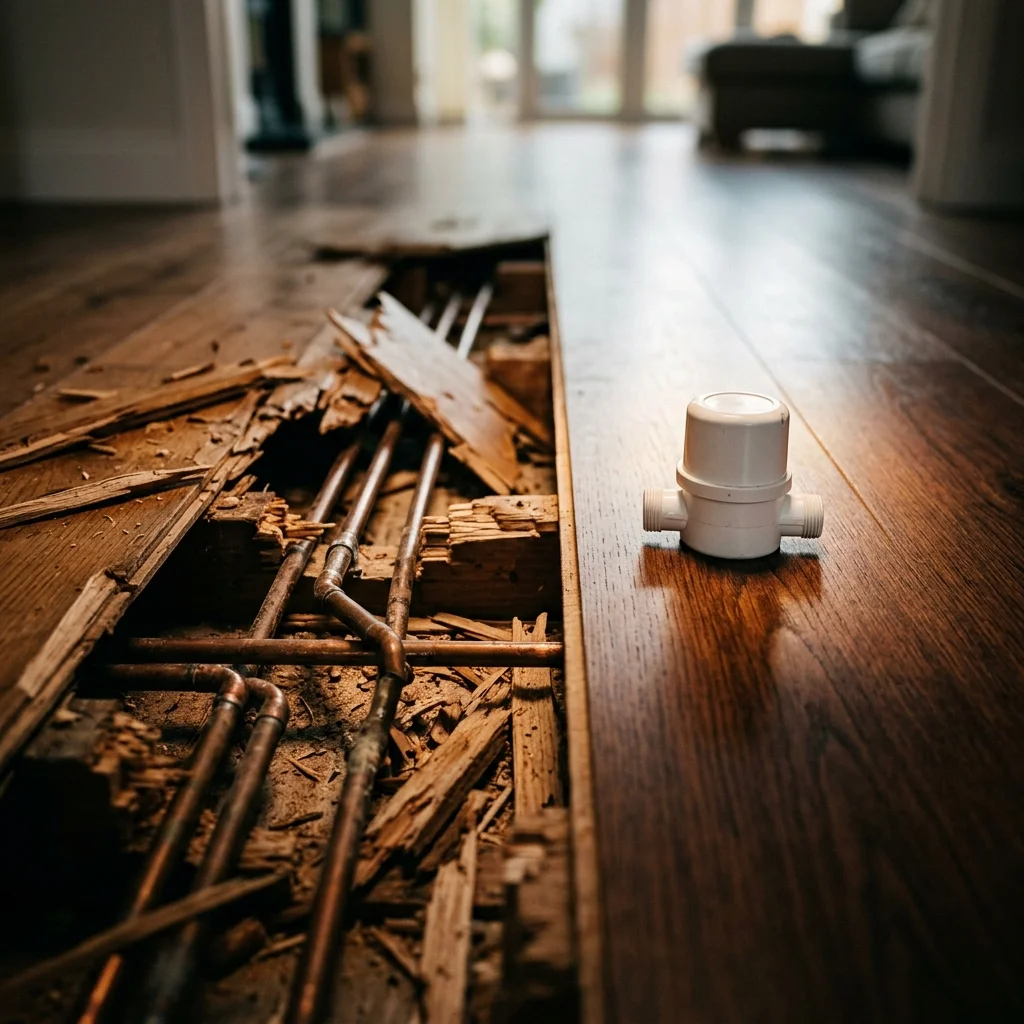 Ripped-up oak flooring exposing 10mm copper microbore pipes beside a clean inline volumiser, showing a heat pump with microbore pipes engineered correctly