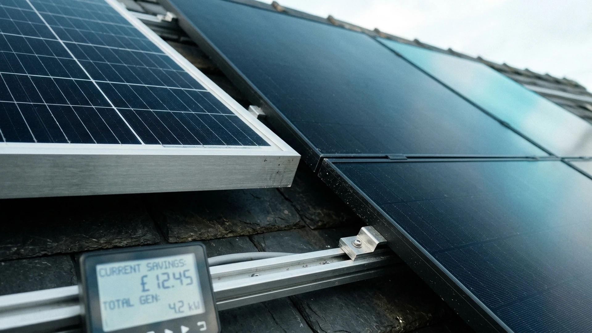 Comparison table showing most efficient solar panels UK including Jinko TOPCon and Maxeon IBC modules with a digital smart meter displaying financial savings