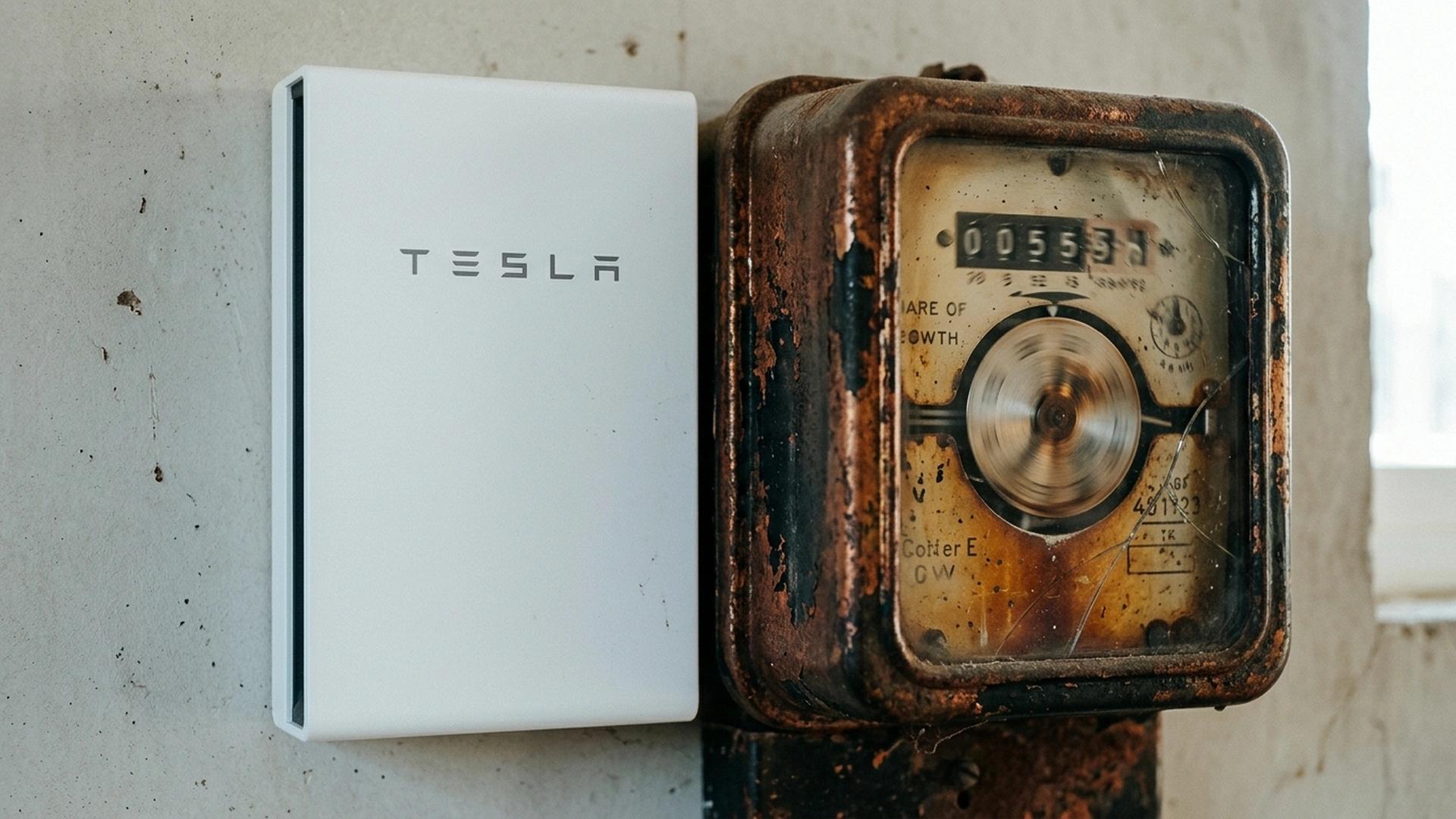 A pristine Tesla Powerwall 3 beside a rusted analogue meter, illustrating how octopus flux export rates 2026 reward battery arbitrage over hoarding