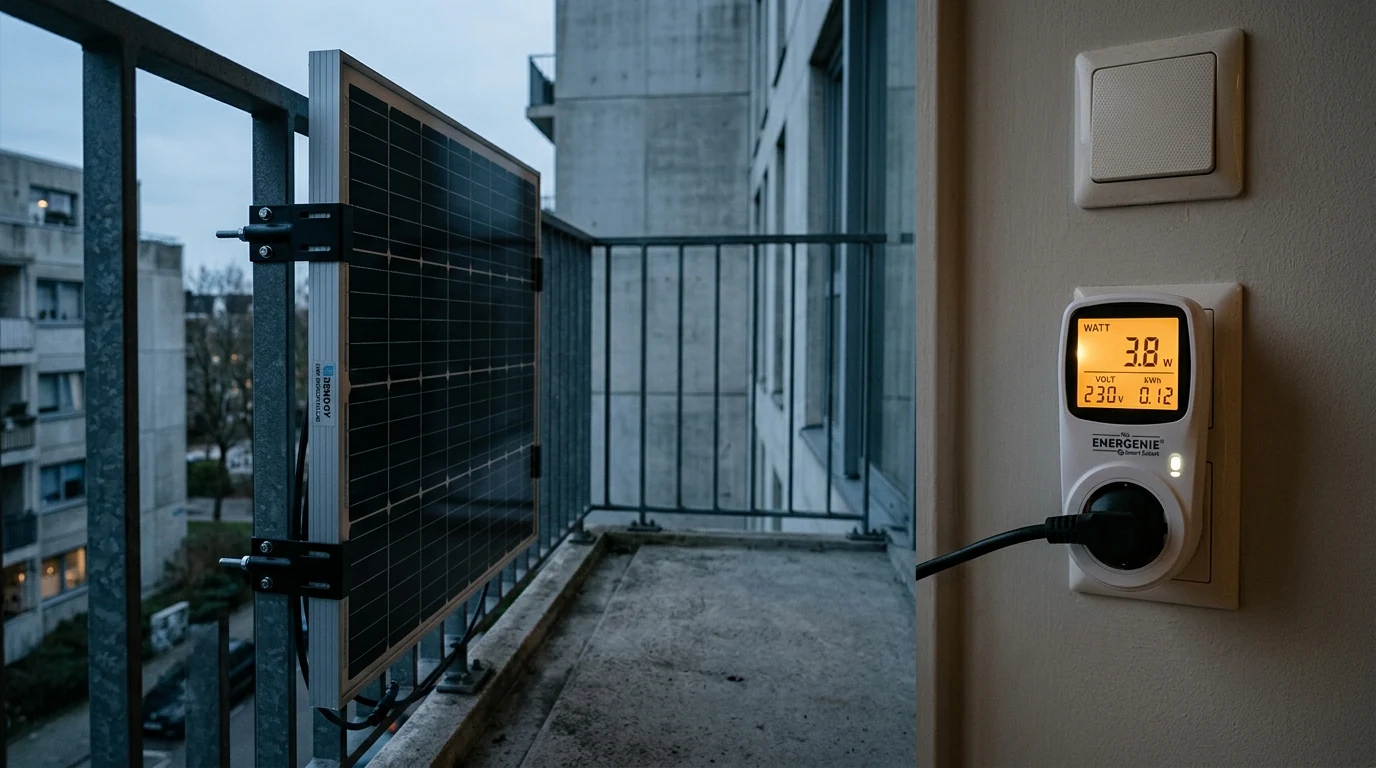 plug in solar panels for flats UK mounted vertically on a balcony railing beside a smart plug wattmeter showing a low 184W output under a clear sky