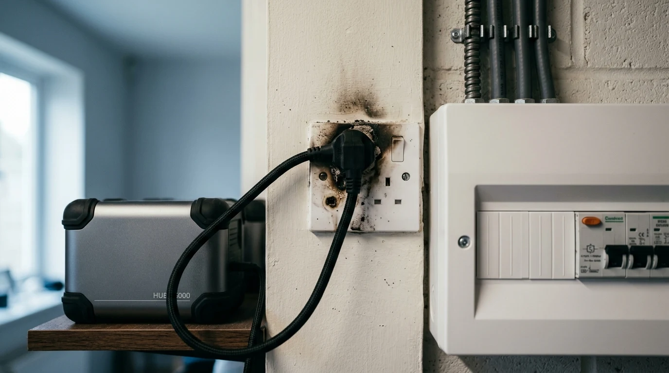 Charred UK 13-amp wall socket scorched by an illegal plug-in solar panels with battery storage hub, contrasted with a clean hardwired AC-coupled battery and consumer unit