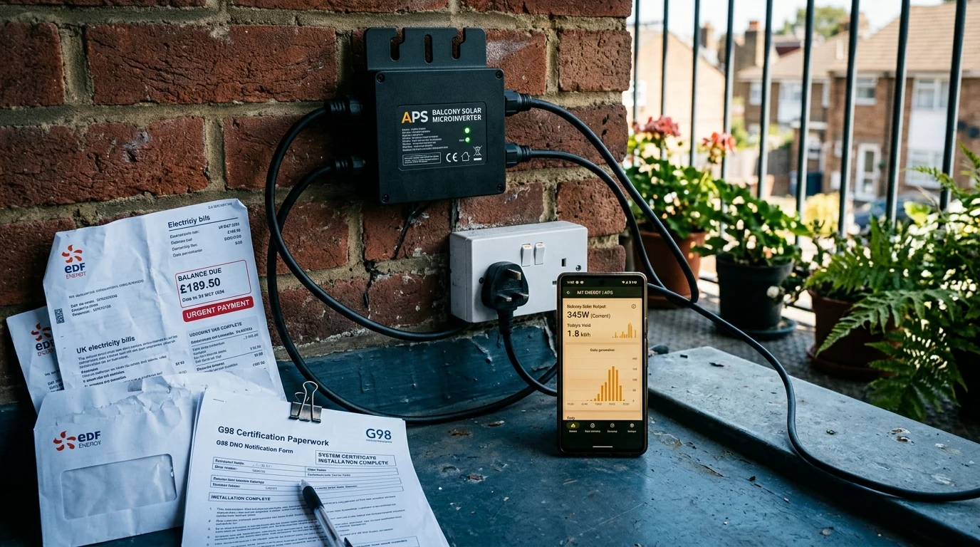 plug in solar smart export guarantee comparison showing a balcony kit app reading 300 kWh exported beside an electricity bill with £0 export earnings and a rejected MCS certificate