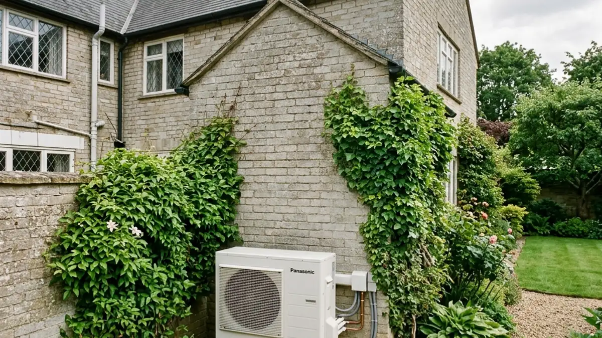 White air source heat pump outdoor unit installed quietly beside a UK brick-wall garden with green planting around it