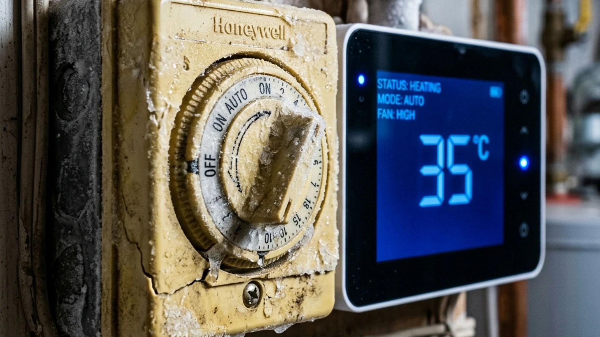 A frost-covered yellowed mechanical heating timer dial switched to OFF positioned against a pristine glowing blue digital heat pump interface displaying 35C, illustrating should I leave my heat pump on all the time