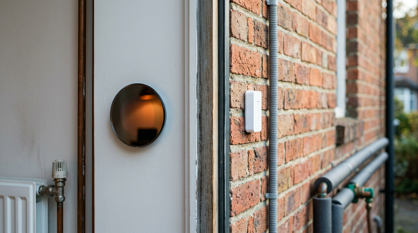 Smart thermostat for heat pump installation beside a radiator, contrasting with an outdoor heat-pump connection on a brick wall