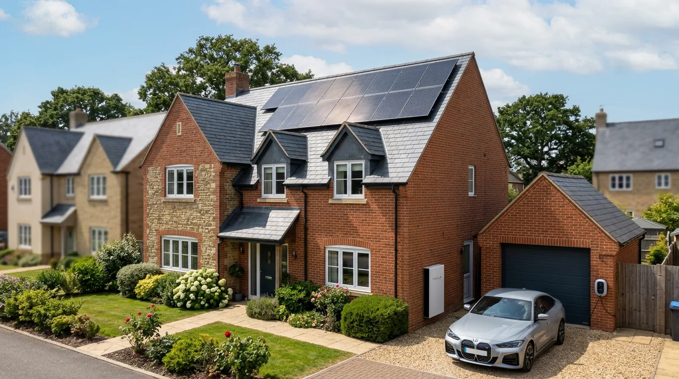 UK residential rooftop solar panel array with a home battery storage unit installed in the garage, illustrating solar panel and battery storage cost uk