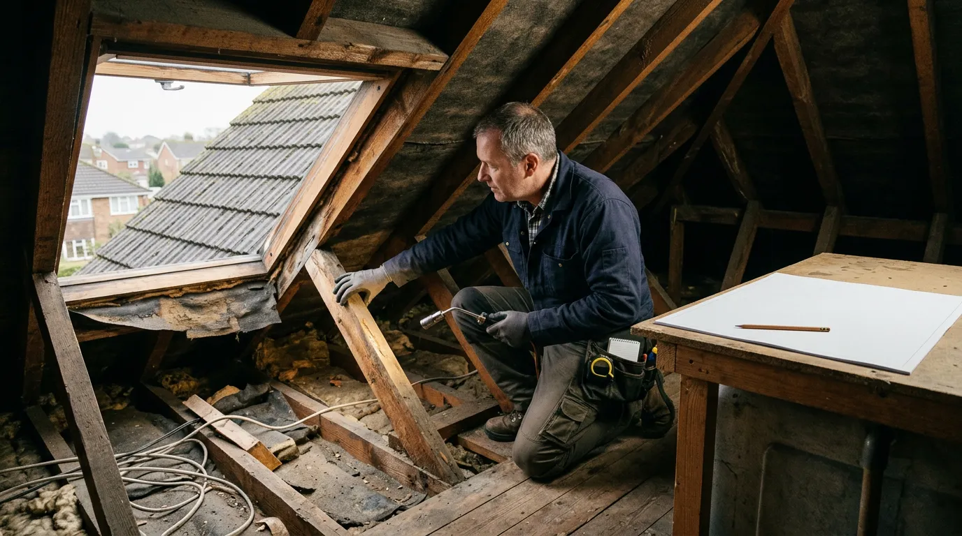 Solar panel roof survey of older timber rafters and roofing felt before a proposed installation on a UK house