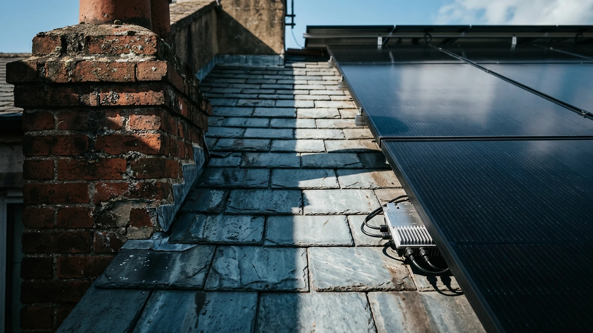 Diagram showing solar panels on shaded roof operating efficiently with Enphase microinverters isolating a chimney shadow from the unshaded array
