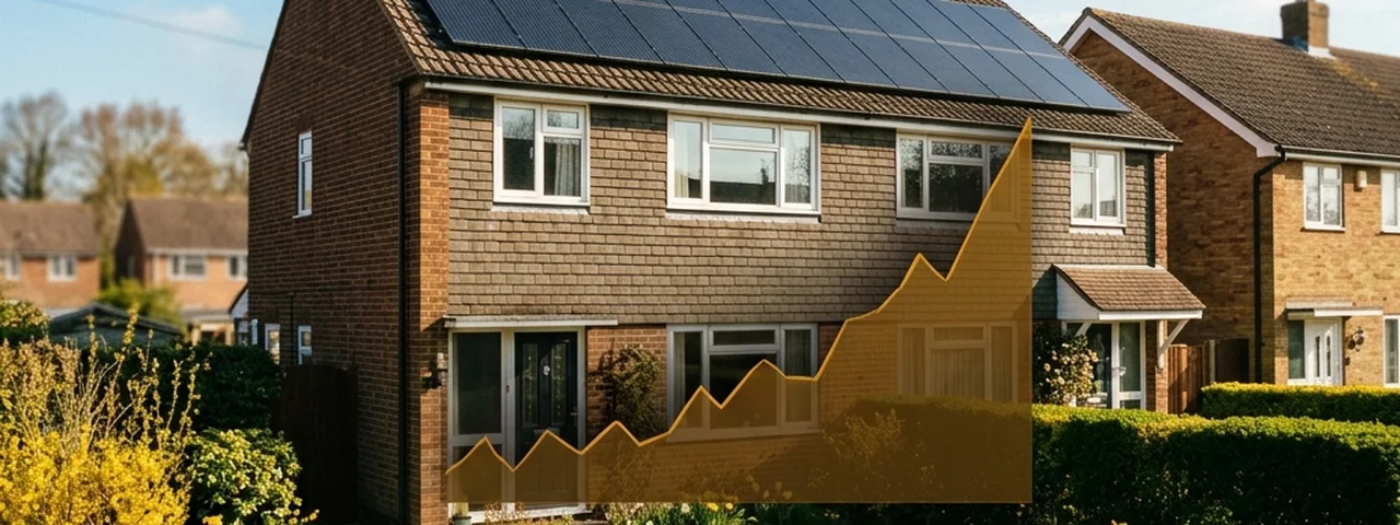 Solar panels on a UK semi-detached house in spring sunshine with an energy price graph overlay