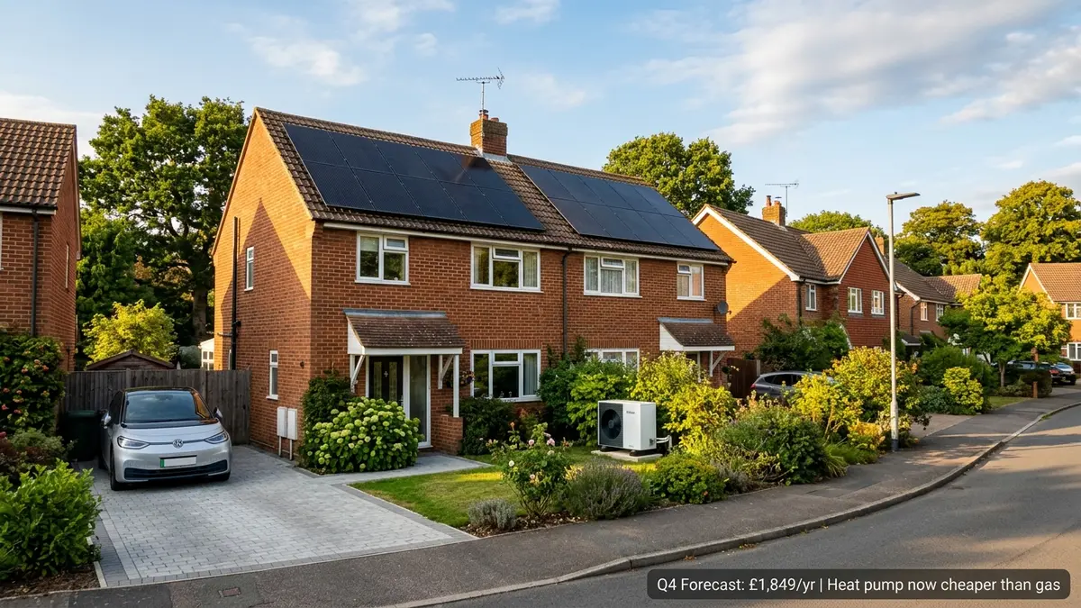 Solar panels and air source heat pump on a UK semi-detached house in late summer sunshine with Q4 2026 energy price forecast data overlay