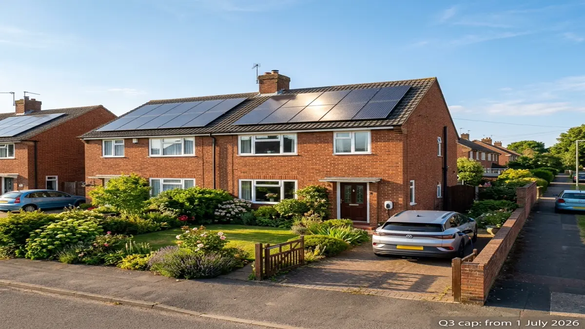 Solar panels on a UK semi-detached house in full summer sunshine with a Q3 2026 energy price cap overlay showing the new 26.11p/kWh electricity rate