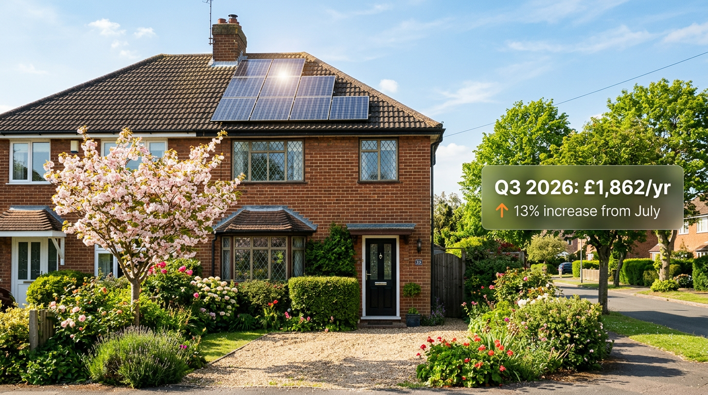 Solar panels on a UK semi-detached house in late-spring sunshine with an energy price cap announcement and Q3 rate figures overlay
