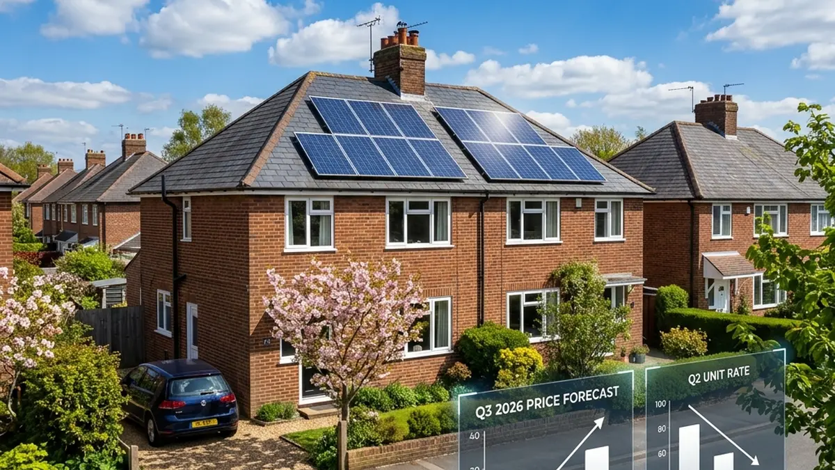 Solar panels generating record power on a bright UK spring day with an energy price forecast chart showing a summer spike