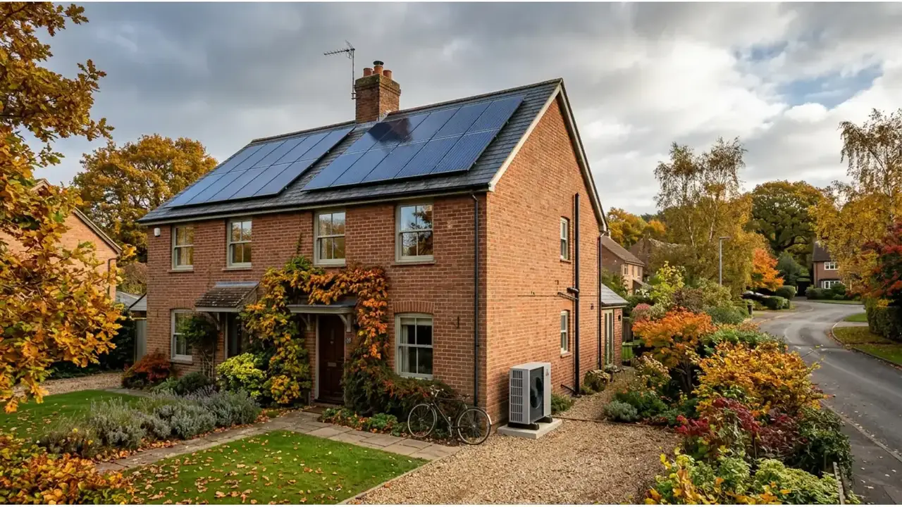 Solar panels and an outdoor air source heat pump at a British home in autumn, illustrating October 2026 UK energy news