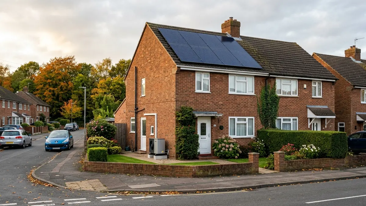 Solar panels and an air source heat pump installed on a UK semi-detached house in early autumn, as households prepare for winter under the confirmed Q4 2026 energy price cap