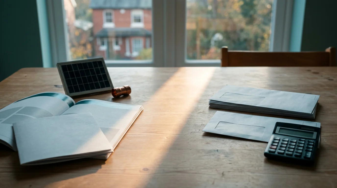 Warm Homes Loan Scheme: blank upgrade quote beside monthly payment envelopes on a kitchen table