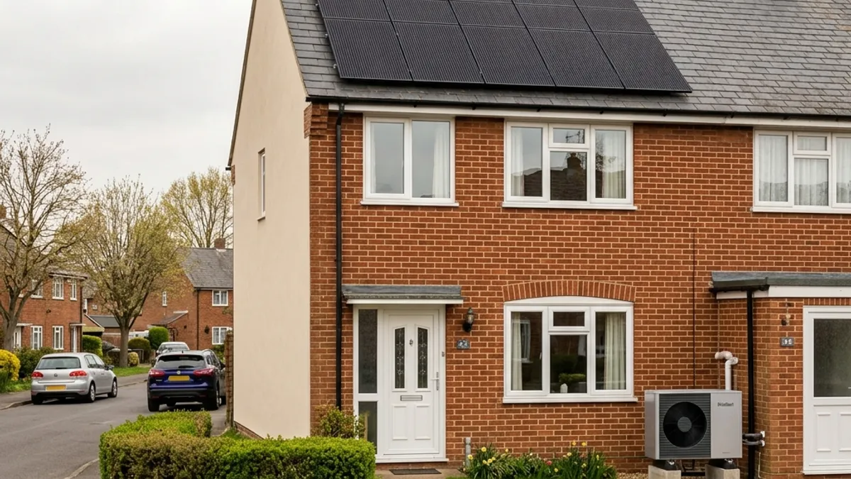 UK semi-detached home with solar panels and an air source heat pump, representing a deep retrofit funded by the Warm Homes Local Grant