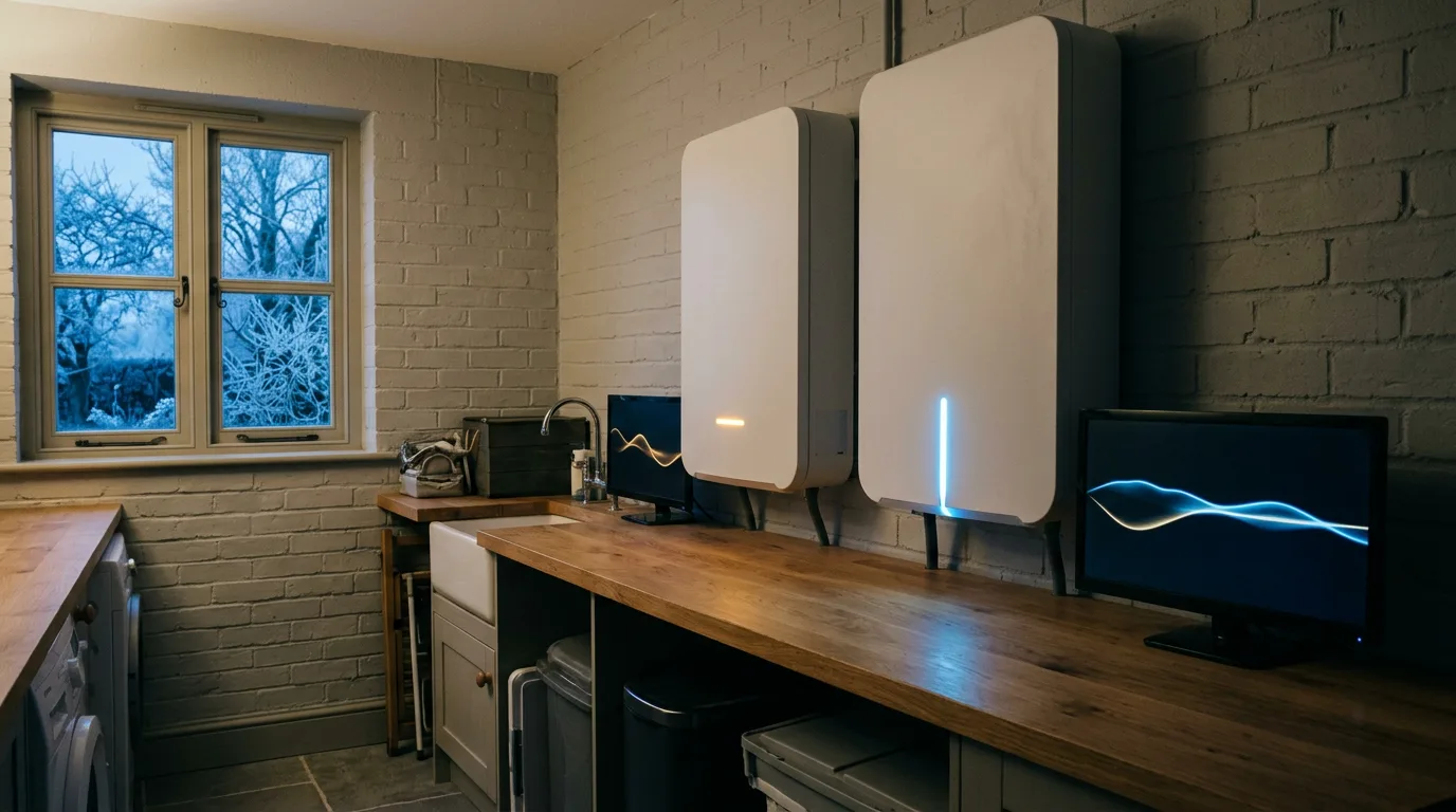 What size solar battery do I need: two home battery units with contrasting charge indicators on a frosty winter evening