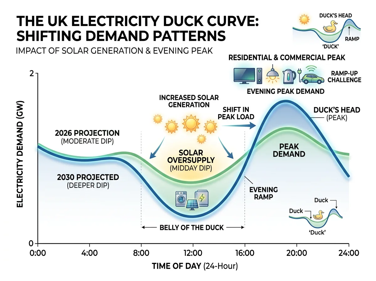 The duck curve — solar generation peaks at midday while home demand peaks in the evening, creating SEG rate pressure as grid saturation grows