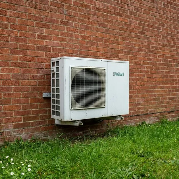 Outdoor air source heat pump installed beside a brick home